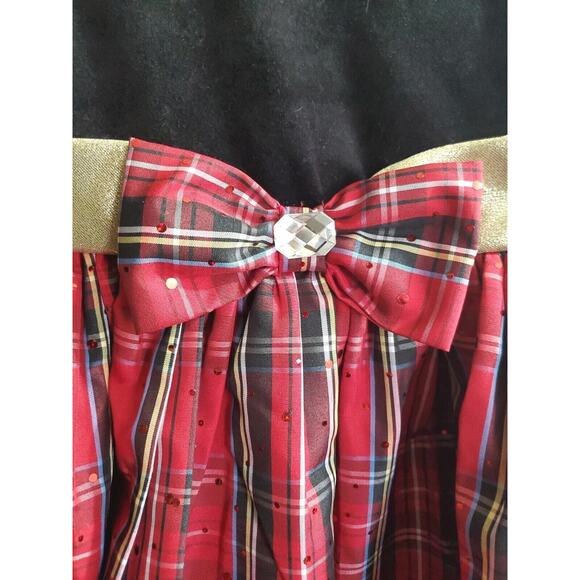 Dollie & Me Girl's Black Velvet Red Plaid Gold Bow Size 10 Tie Back Belt Buttons - Picture 2 of 15